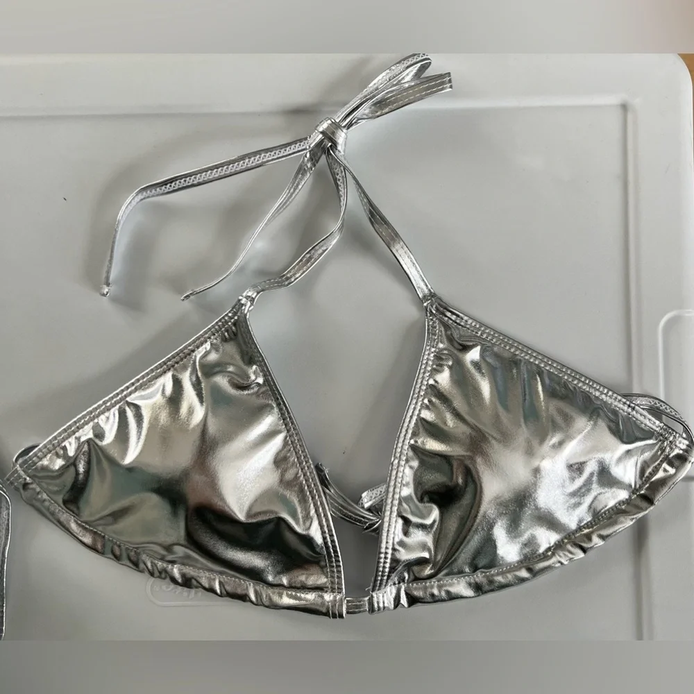 Glamorous Silver Halter Side Tie Bikini Set - Picture 2 of 14